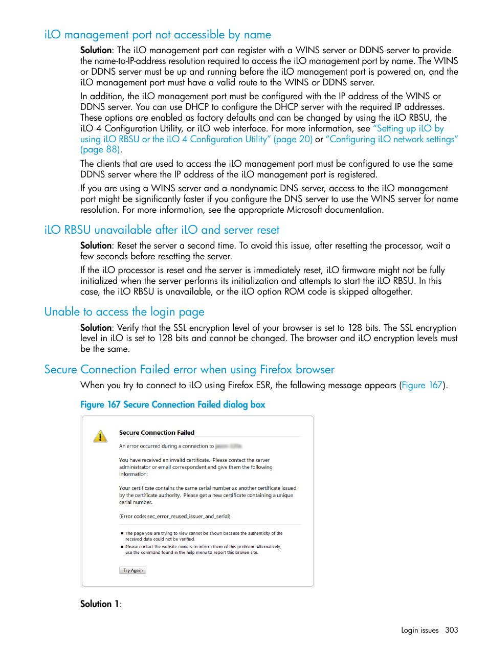 Ilo management port not accessible by name, Ilo rbsu unavailable after ilo and server reset, Unable to access the login page | HP Integrated Lights-Out 4 User Manual | Page 303 / 356