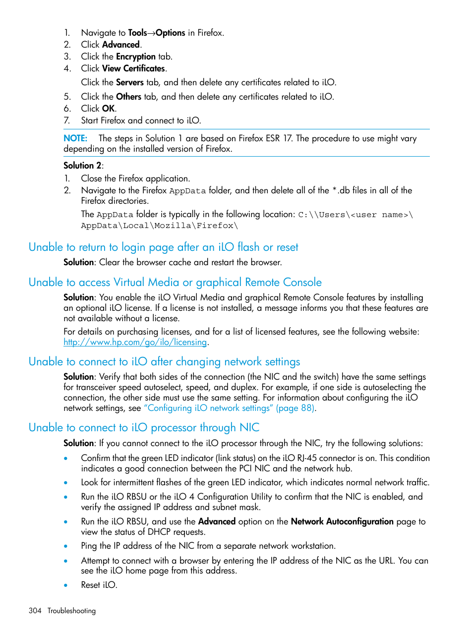 Unable to connect to ilo processor through nic | HP Integrated Lights-Out 4 User Manual | Page 304 / 356