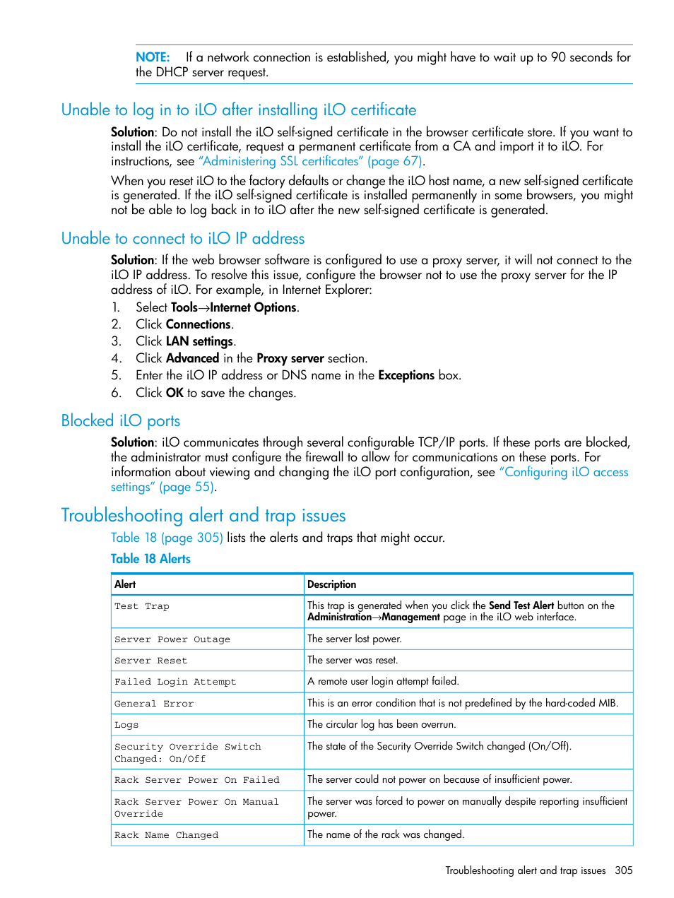 Unable to connect to ilo ip address, Blocked ilo ports, Troubleshooting alert and trap issues | HP Integrated Lights-Out 4 User Manual | Page 305 / 356