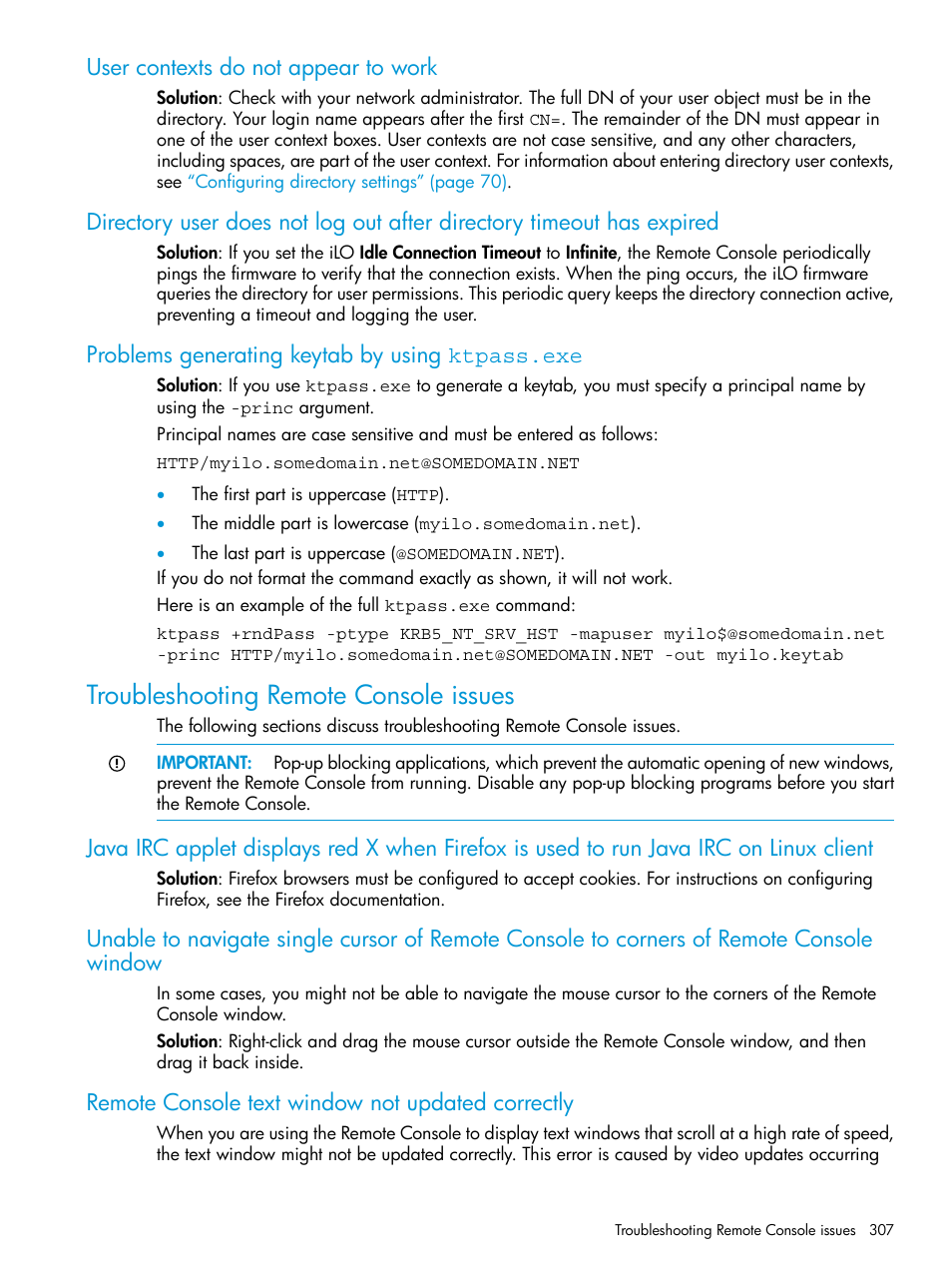 User contexts do not appear to work, Problems generating keytab by using ktpass.exe, Troubleshooting remote console issues | Remote console text window not updated correctly | HP Integrated Lights-Out 4 User Manual | Page 307 / 356