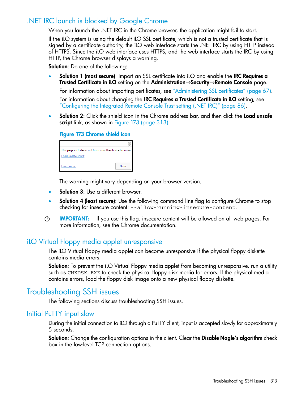 Net irc launch is blocked by google chrome, Ilo virtual floppy media applet unresponsive, Troubleshooting ssh issues | Initial putty input slow | HP Integrated Lights-Out 4 User Manual | Page 313 / 356