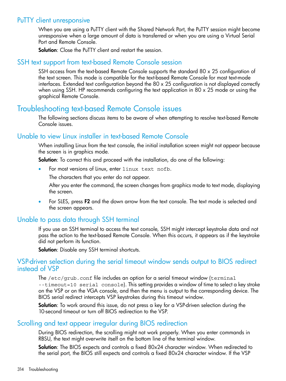 Putty client unresponsive, Troubleshooting text-based remote console issues, Unable to pass data through ssh terminal | HP Integrated Lights-Out 4 User Manual | Page 314 / 356