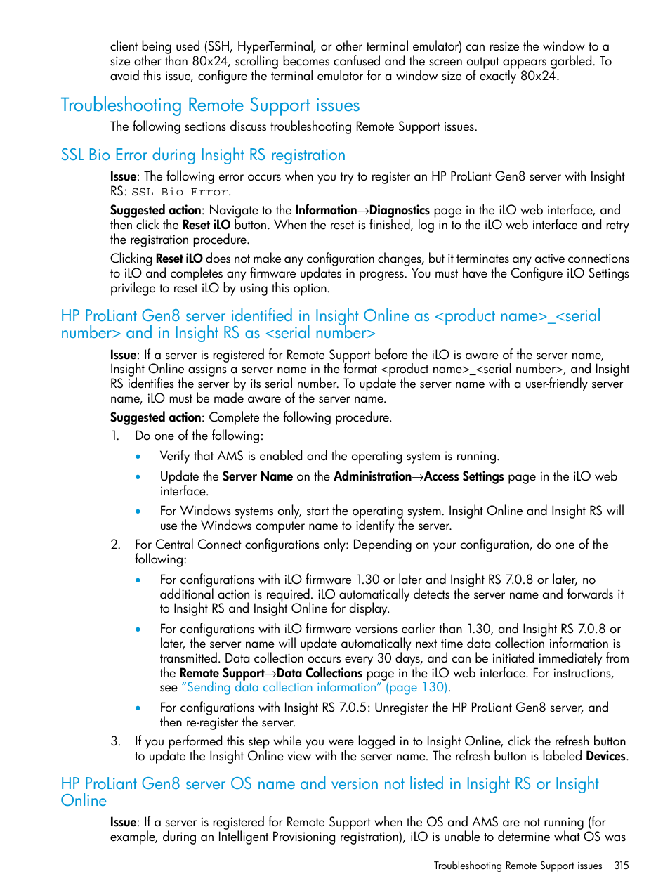 Troubleshooting remote support issues, Ssl bio error during insight rs registration | HP Integrated Lights-Out 4 User Manual | Page 315 / 356