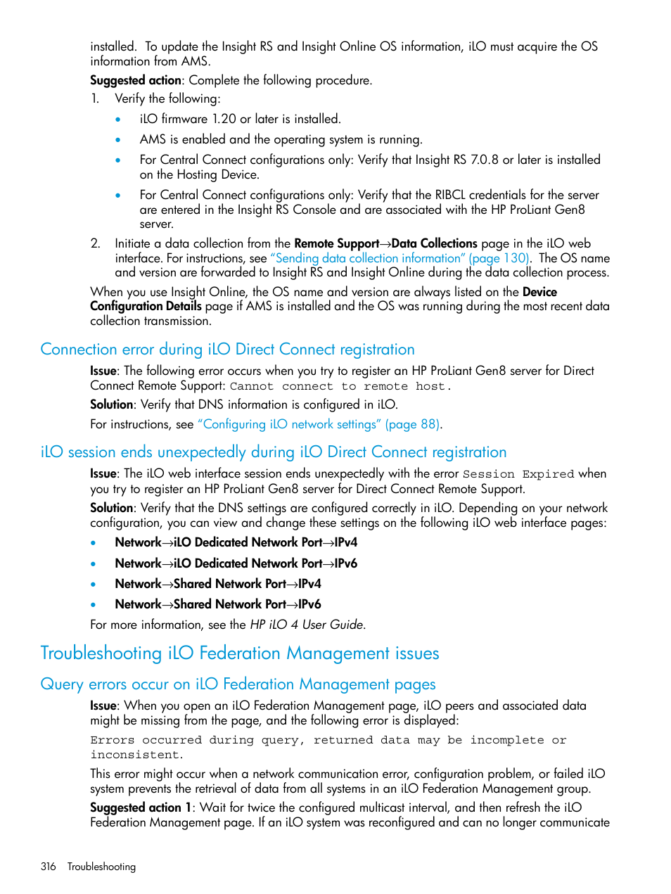 Troubleshooting ilo federation management issues | HP Integrated Lights-Out 4 User Manual | Page 316 / 356