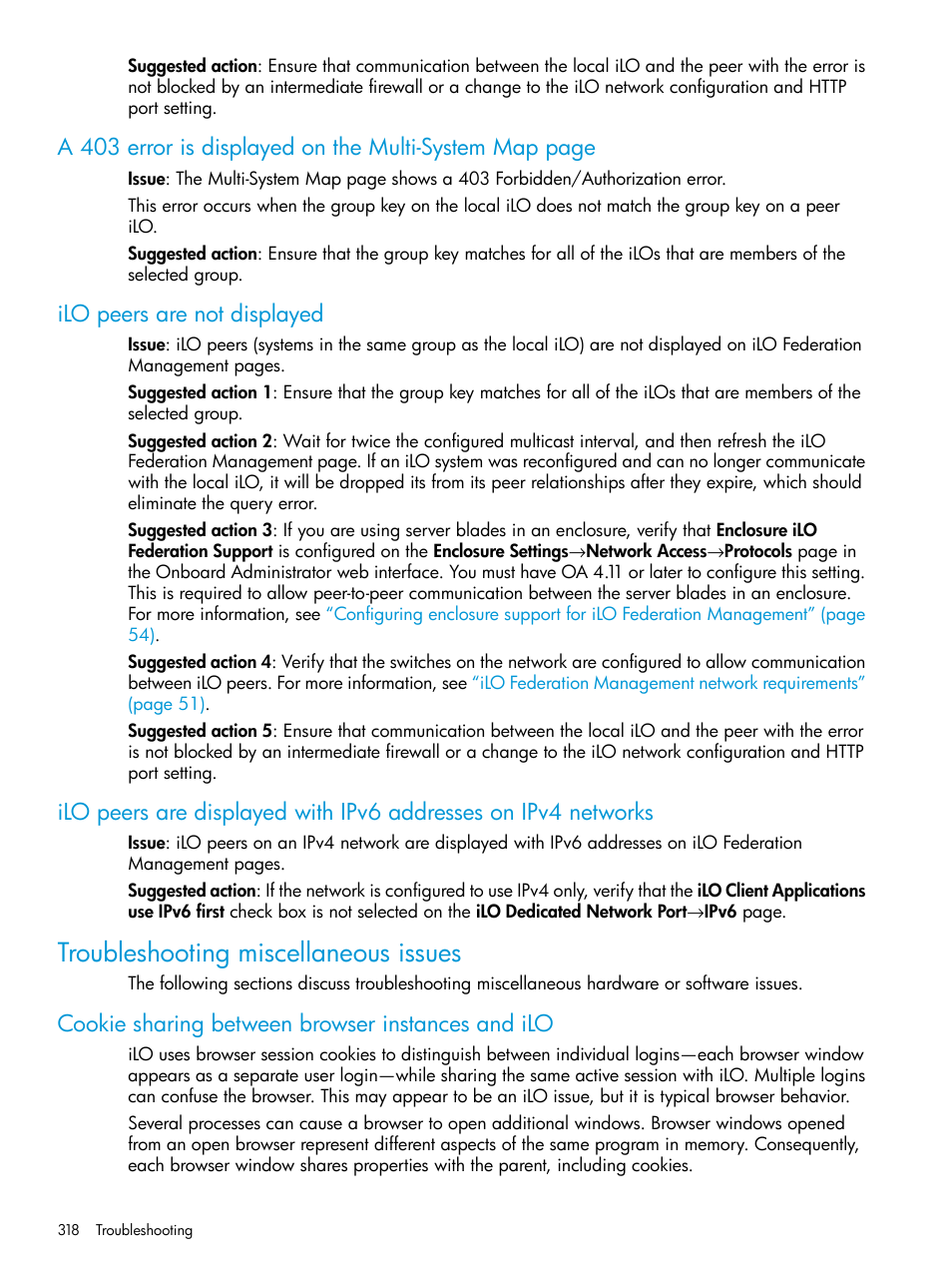 Ilo peers are not displayed, Troubleshooting miscellaneous issues, Cookie sharing between browser instances and ilo | HP Integrated Lights-Out 4 User Manual | Page 318 / 356