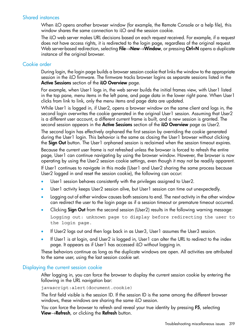 Shared instances, Cookie order, Displaying the current session cookie | HP Integrated Lights-Out 4 User Manual | Page 319 / 356