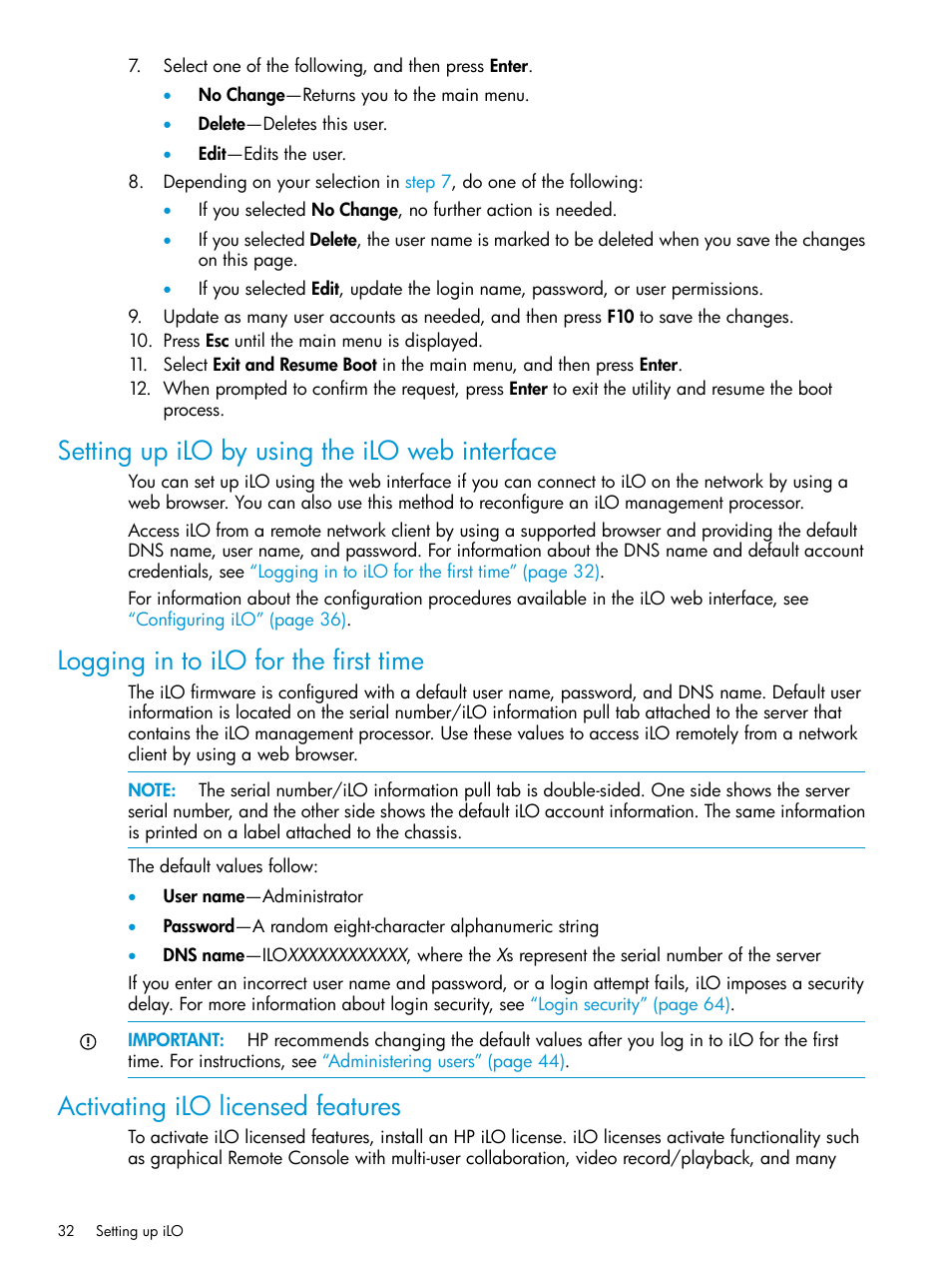 Setting up ilo by using the ilo web interface, Logging in to ilo for the first time, Activating ilo licensed features | HP Integrated Lights-Out 4 User Manual | Page 32 / 356