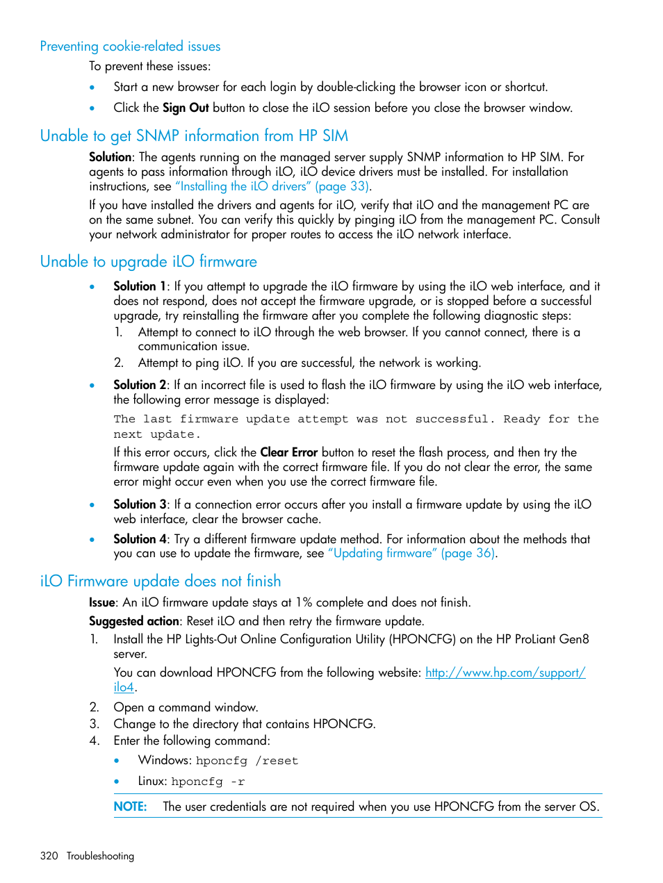 Preventing cookie-related issues, Unable to get snmp information from hp sim, Unable to upgrade ilo firmware | Ilo firmware update does not finish | HP Integrated Lights-Out 4 User Manual | Page 320 / 356