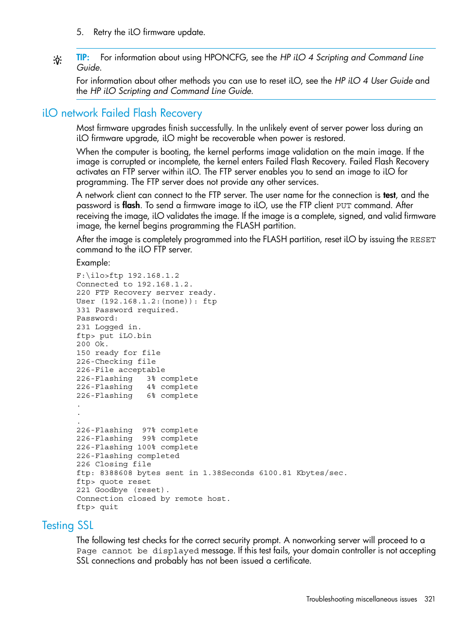 Ilo network failed flash recovery, Testing ssl, Ilo network failed flash recovery testing ssl | Ilo network failed | HP Integrated Lights-Out 4 User Manual | Page 321 / 356