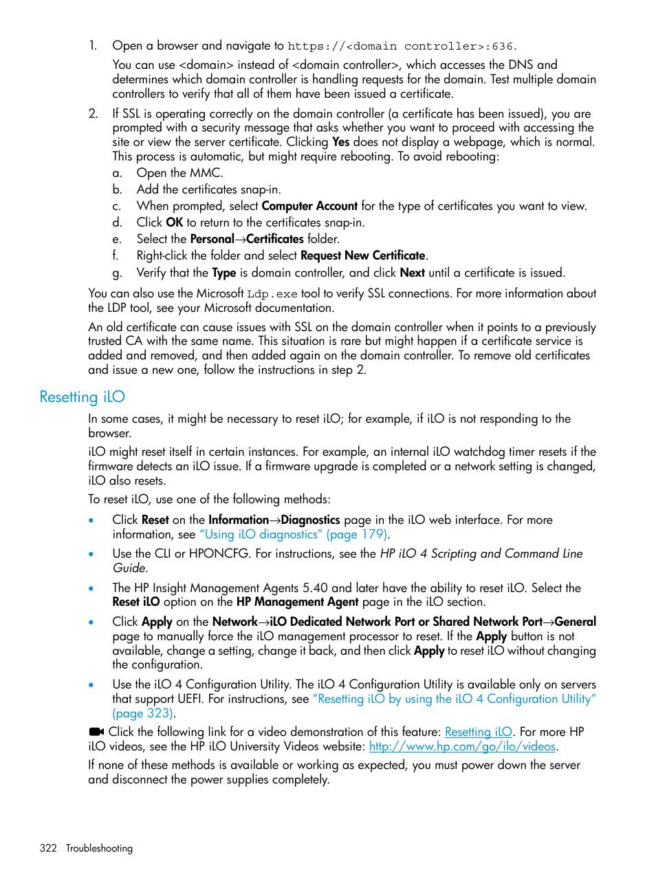 Resetting ilo | HP Integrated Lights-Out 4 User Manual | Page 322 / 356