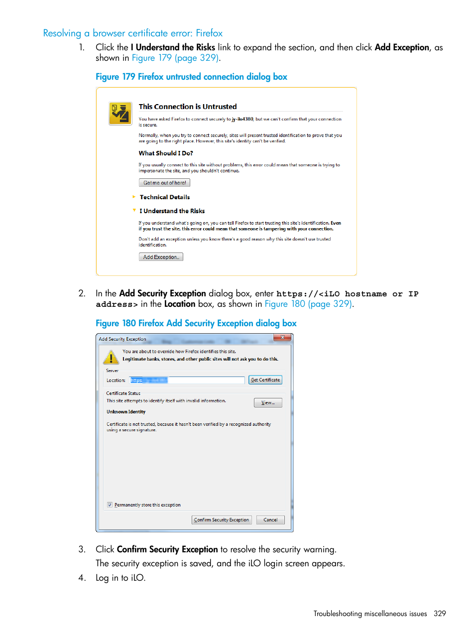 Resolving a browser certificate error: firefox | HP Integrated Lights-Out 4 User Manual | Page 329 / 356