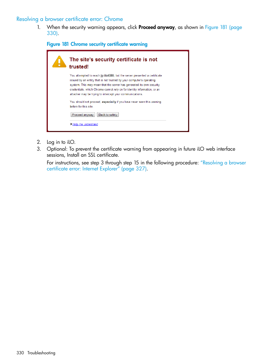 Resolving a browser certificate error: chrome | HP Integrated Lights-Out 4 User Manual | Page 330 / 356