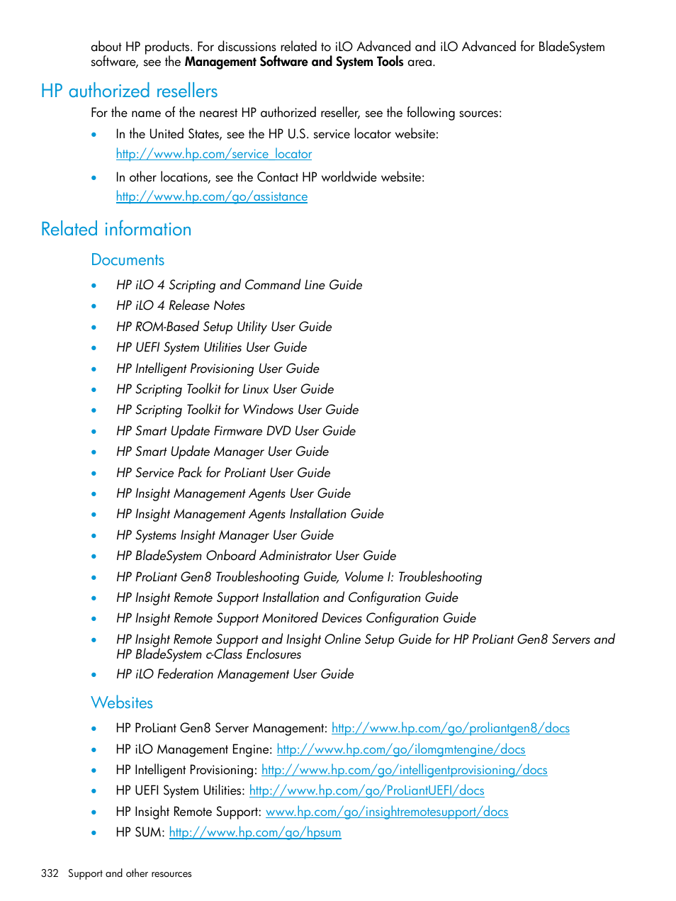 Hp authorized resellers, Related information, Hp authorized resellers related information | Documents, Websites | HP Integrated Lights-Out 4 User Manual | Page 332 / 356