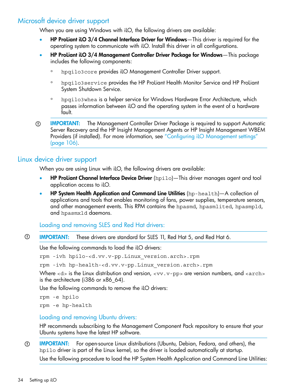 Microsoft device driver support, Linux device driver support | HP Integrated Lights-Out 4 User Manual | Page 34 / 356