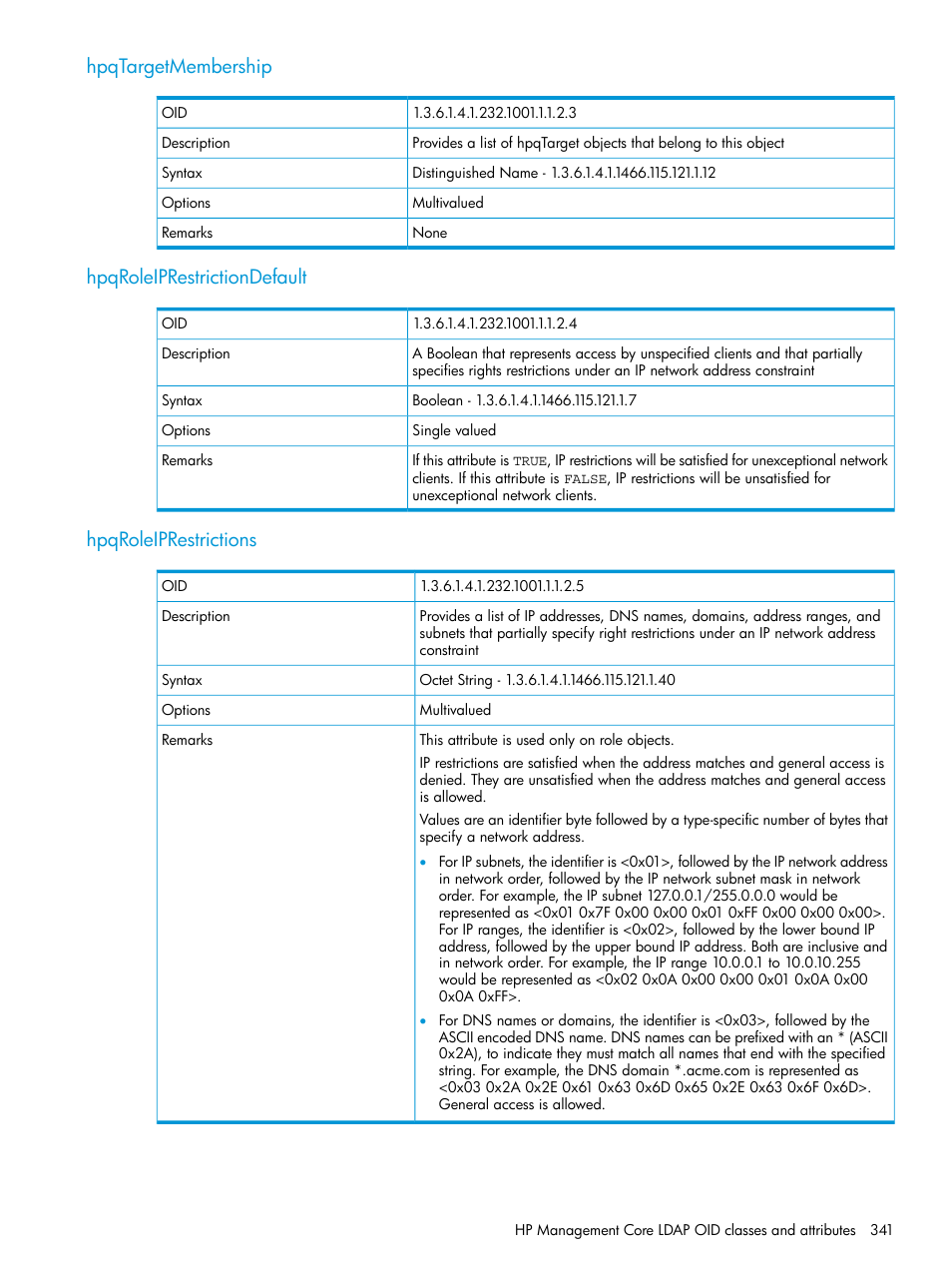 Hpqtargetmembership, Hpqroleiprestrictiondefault, Hpqroleiprestrictions | HP Integrated Lights-Out 4 User Manual | Page 341 / 356