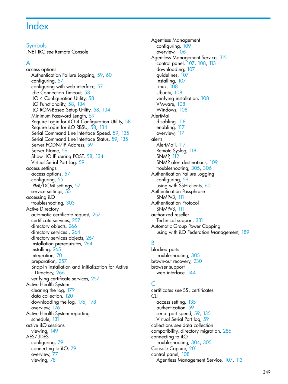 Index | HP Integrated Lights-Out 4 User Manual | Page 349 / 356