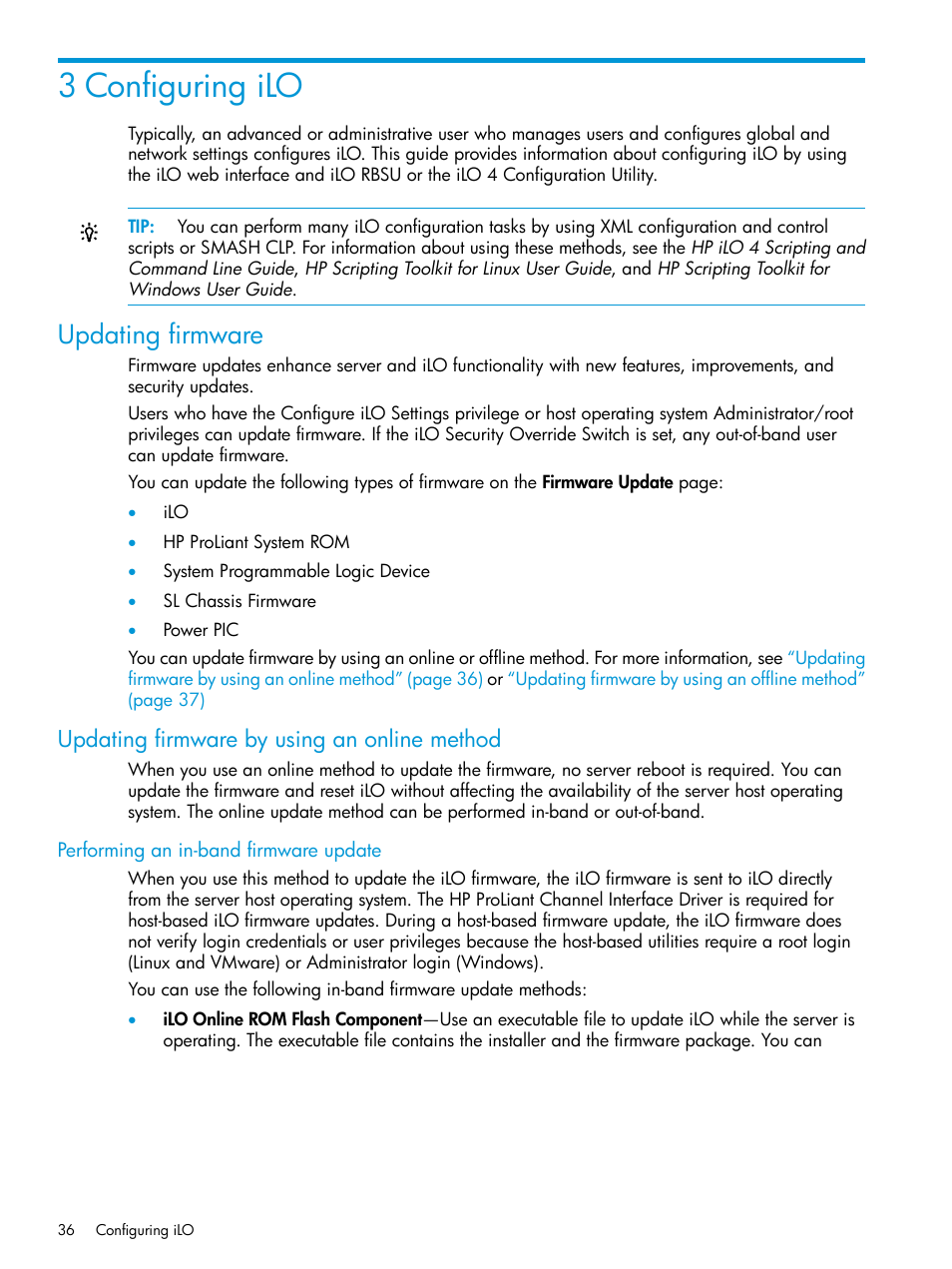 3 configuring ilo, Updating firmware, Updating firmware by using an online method | Performing an in-band firmware update | HP Integrated Lights-Out 4 User Manual | Page 36 / 356