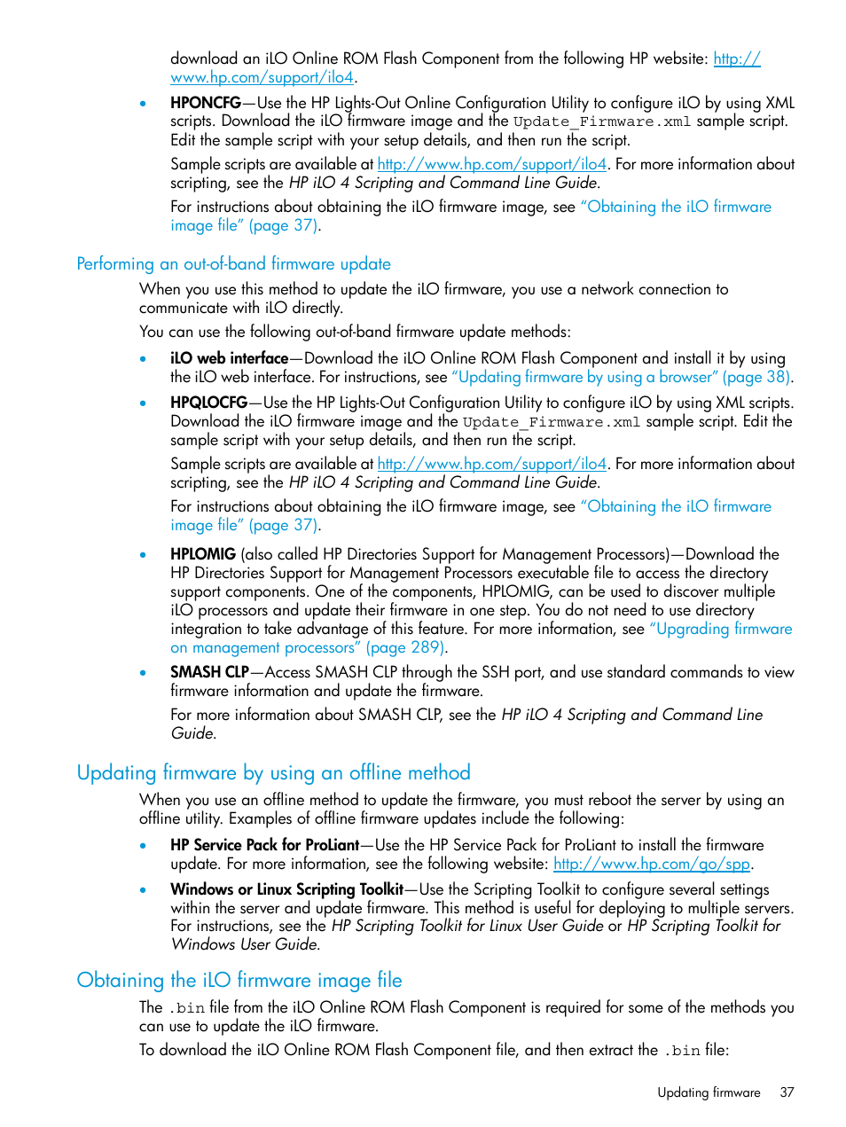 Performing an out-of-band firmware update, Updating firmware by using an offline method, Obtaining the ilo firmware image file | HP Integrated Lights-Out 4 User Manual | Page 37 / 356