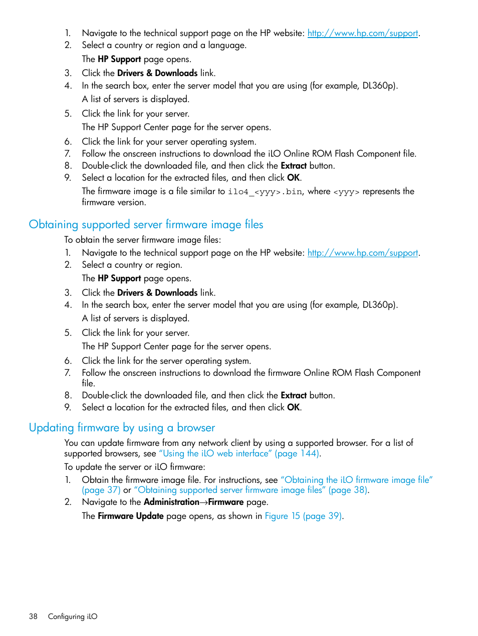 Obtaining supported server firmware image files, Updating firmware by using a browser | HP Integrated Lights-Out 4 User Manual | Page 38 / 356