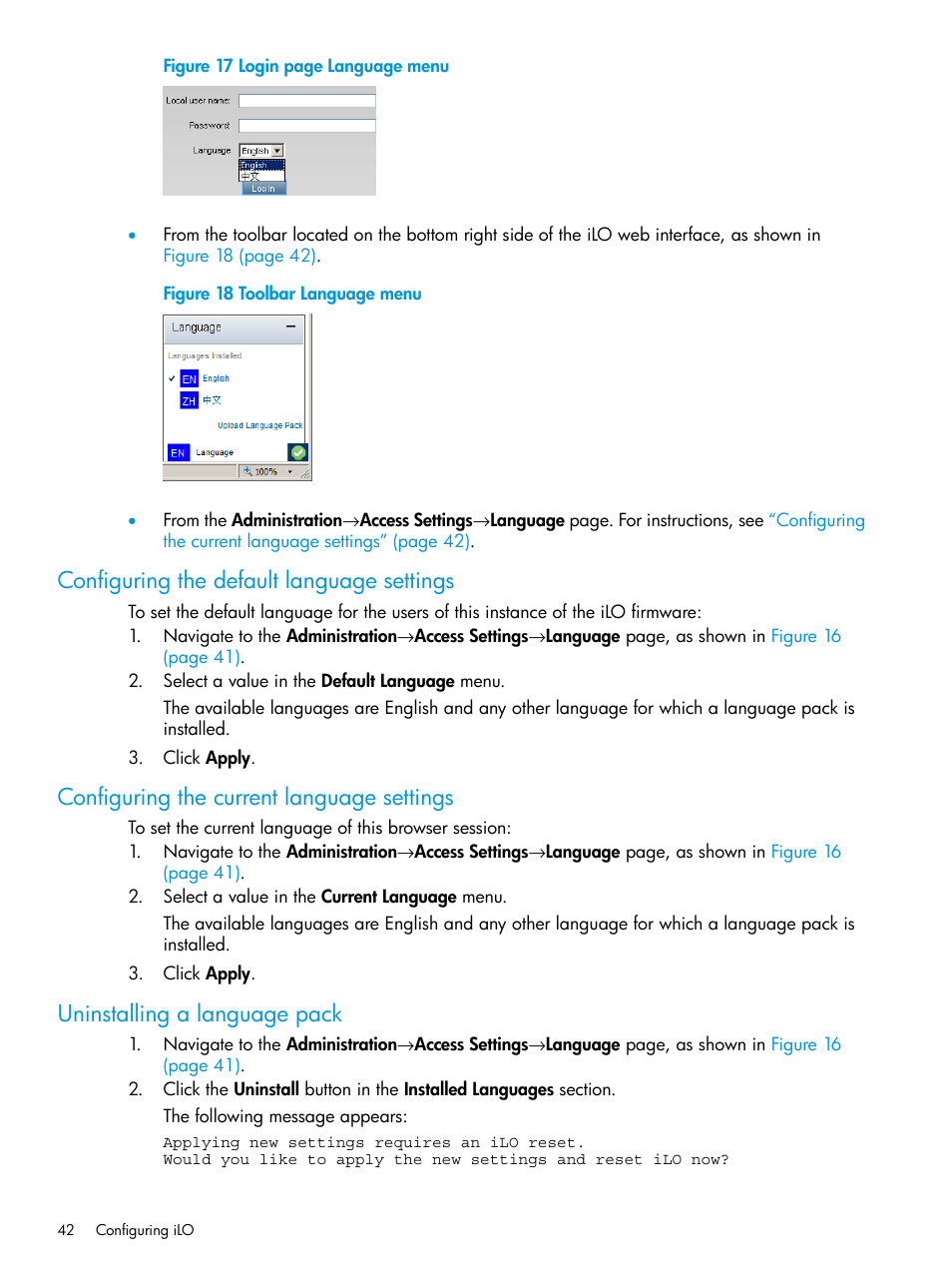 Configuring the default language settings, Configuring the current language settings, Uninstalling a language pack | Configuring the default language | HP Integrated Lights-Out 4 User Manual | Page 42 / 356