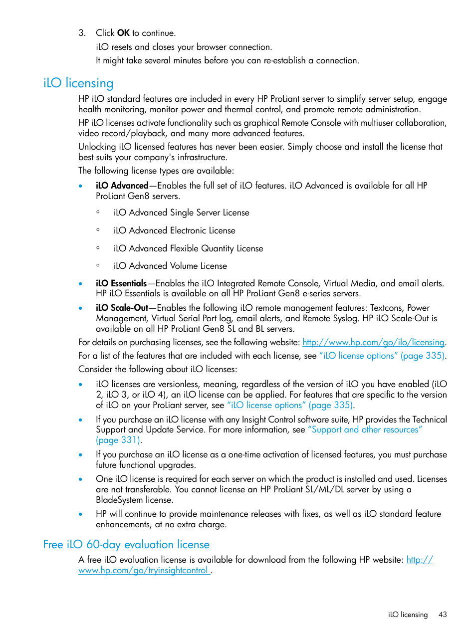 Ilo licensing, Free ilo 60-day evaluation license | HP Integrated Lights-Out 4 User Manual | Page 43 / 356