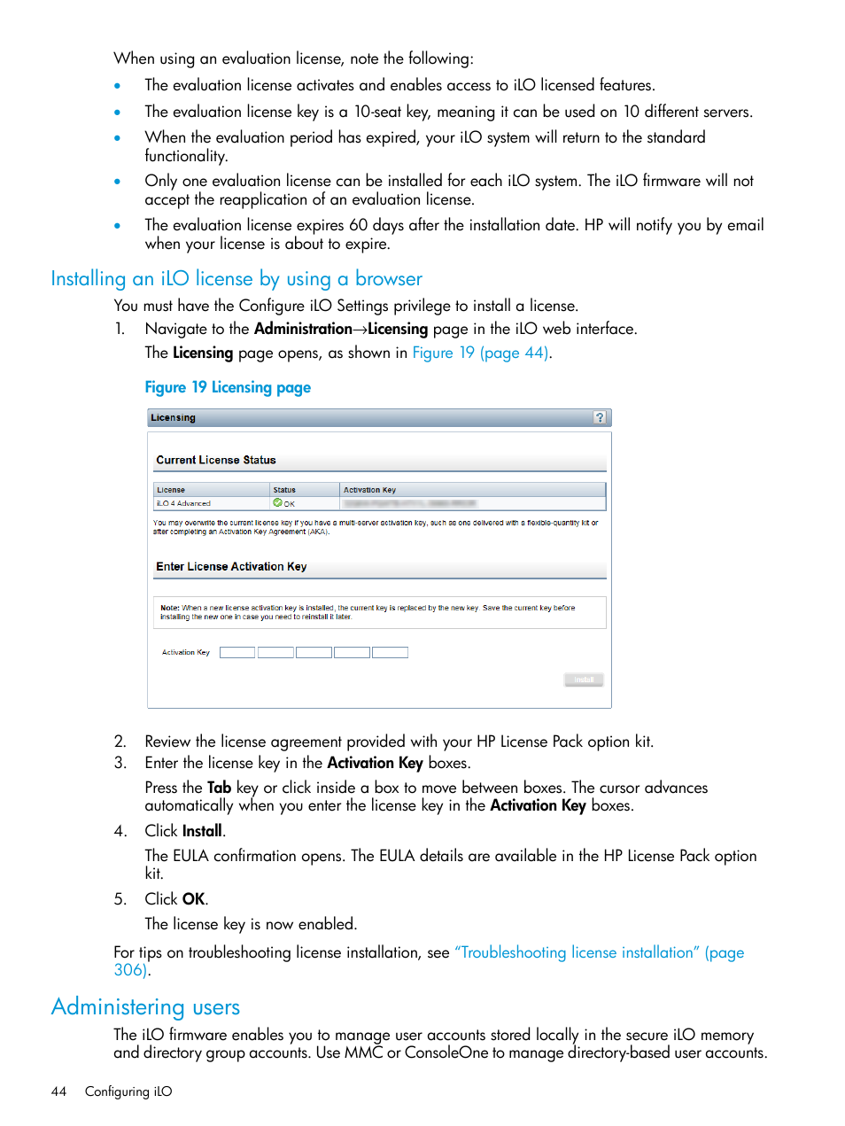 Installing an ilo license by using a browser, Administering users | HP Integrated Lights-Out 4 User Manual | Page 44 / 356