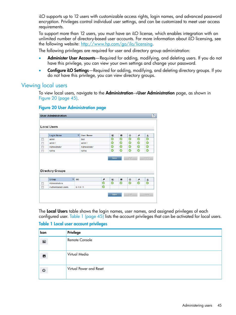 Viewing local users | HP Integrated Lights-Out 4 User Manual | Page 45 / 356