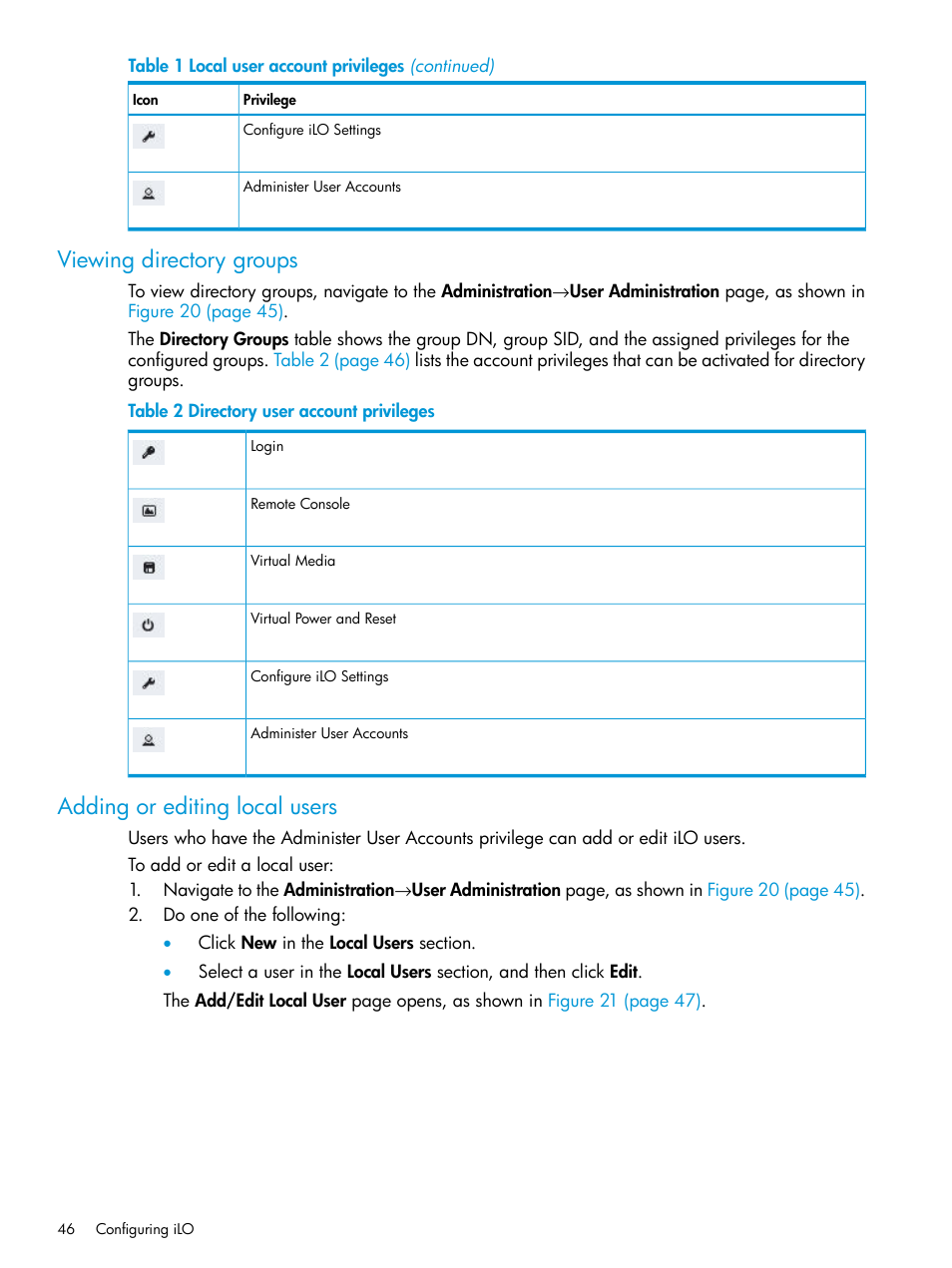 Viewing directory groups, Adding or editing local users | HP Integrated Lights-Out 4 User Manual | Page 46 / 356