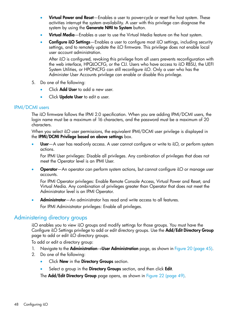 Ipmi/dcmi users, Administering directory groups | HP Integrated Lights-Out 4 User Manual | Page 48 / 356