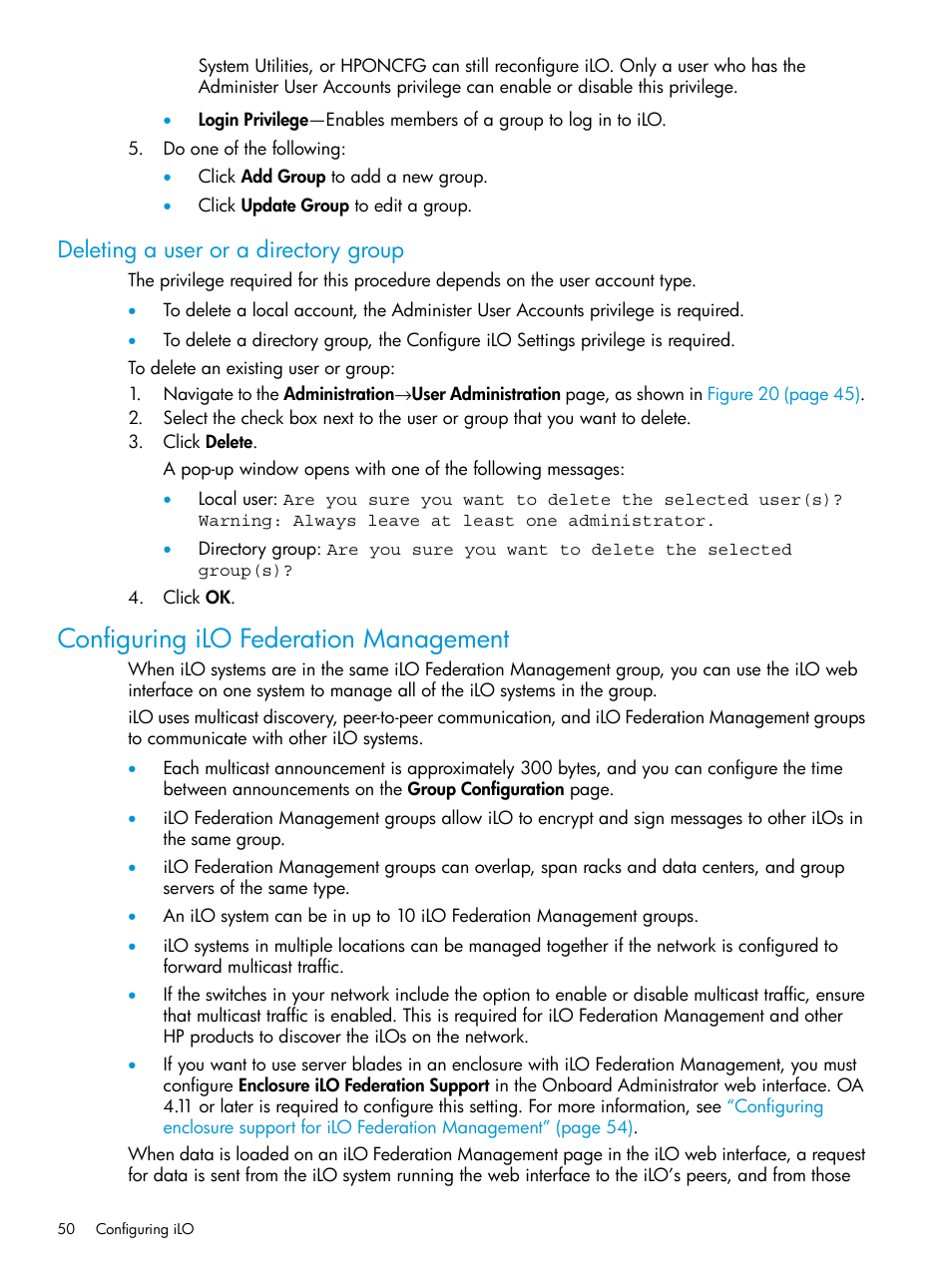 Deleting a user or a directory group, Configuring ilo federation management | HP Integrated Lights-Out 4 User Manual | Page 50 / 356