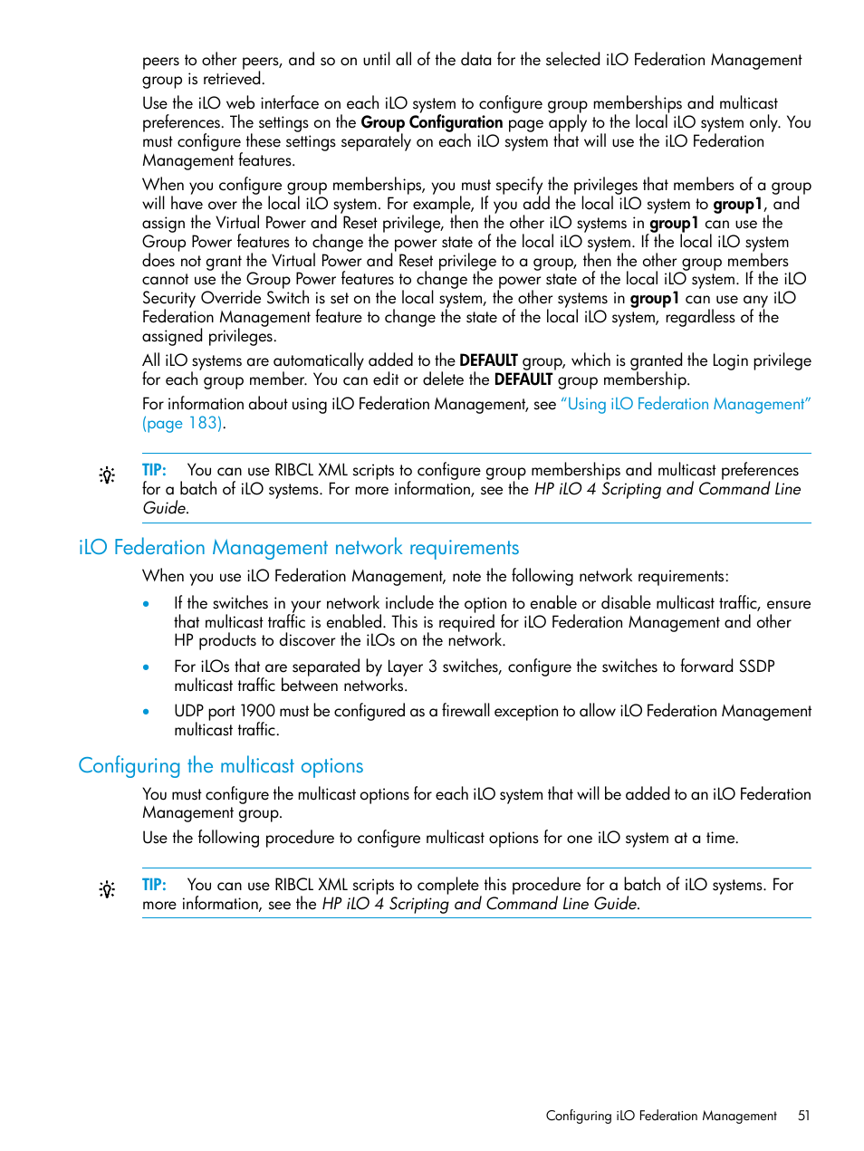 Ilo federation management network requirements, Configuring the multicast options | HP Integrated Lights-Out 4 User Manual | Page 51 / 356