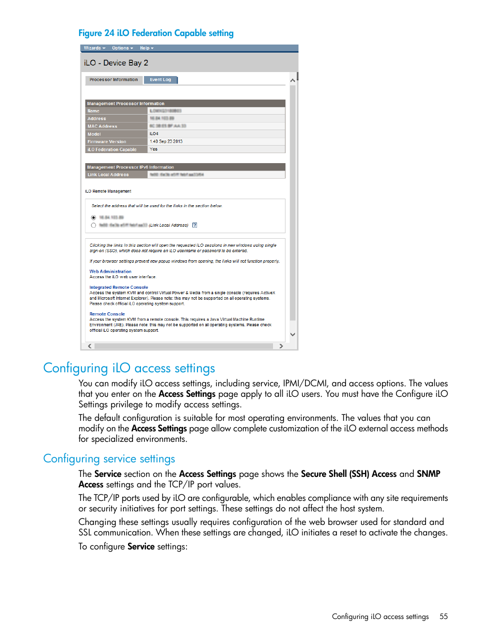 Configuring ilo access settings, Configuring service settings | HP Integrated Lights-Out 4 User Manual | Page 55 / 356