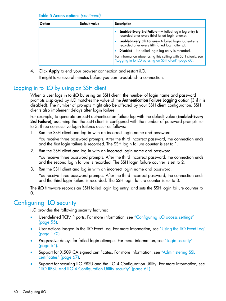 Logging in to ilo by using an ssh client, Configuring ilo security | HP Integrated Lights-Out 4 User Manual | Page 60 / 356