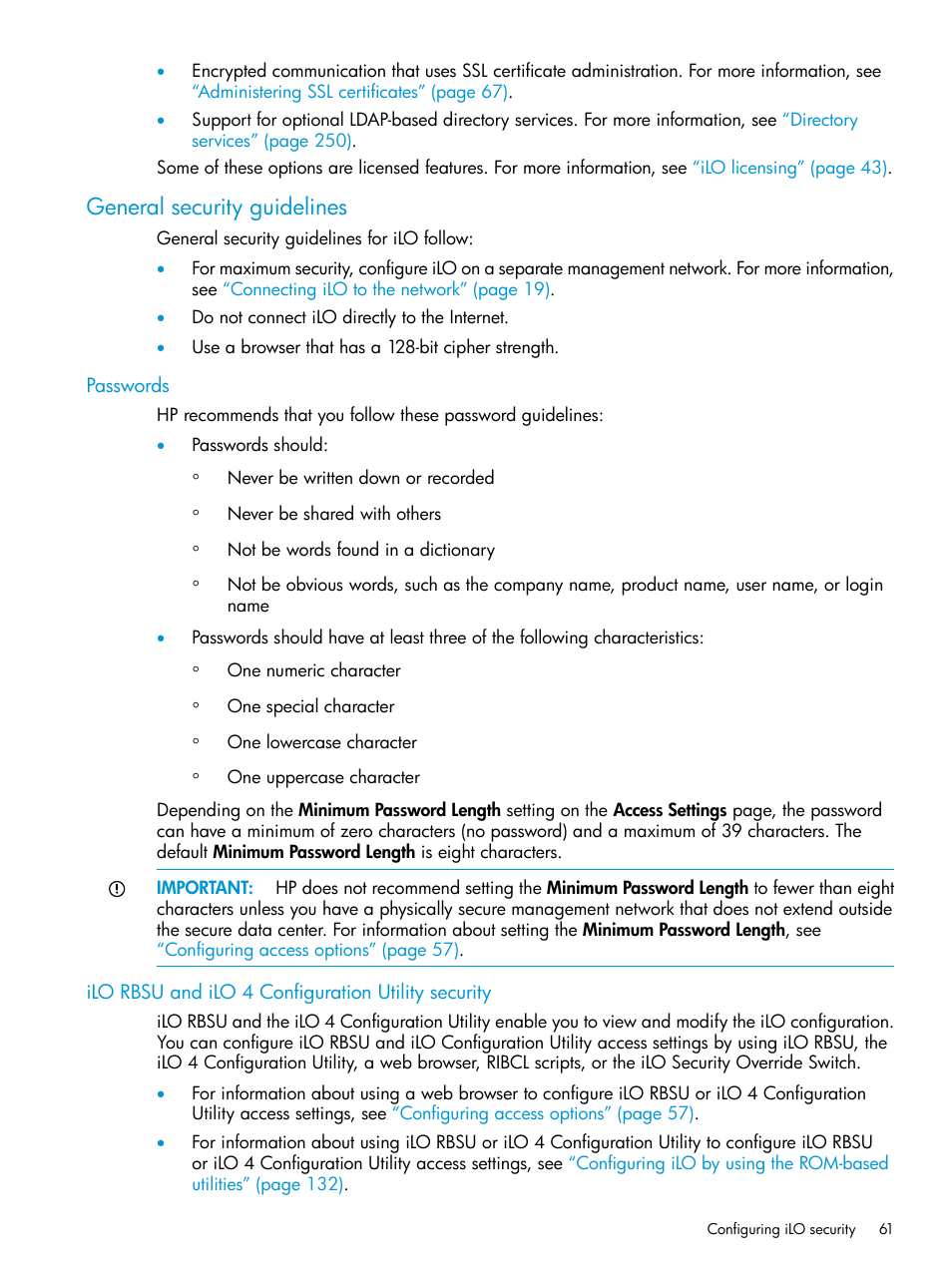 General security guidelines, Passwords, Ilo rbsu and ilo 4 configuration utility security | HP Integrated Lights-Out 4 User Manual | Page 61 / 356