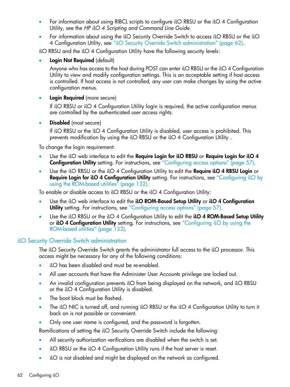 Ilo security override switch administration | HP Integrated Lights-Out 4 User Manual | Page 62 / 356