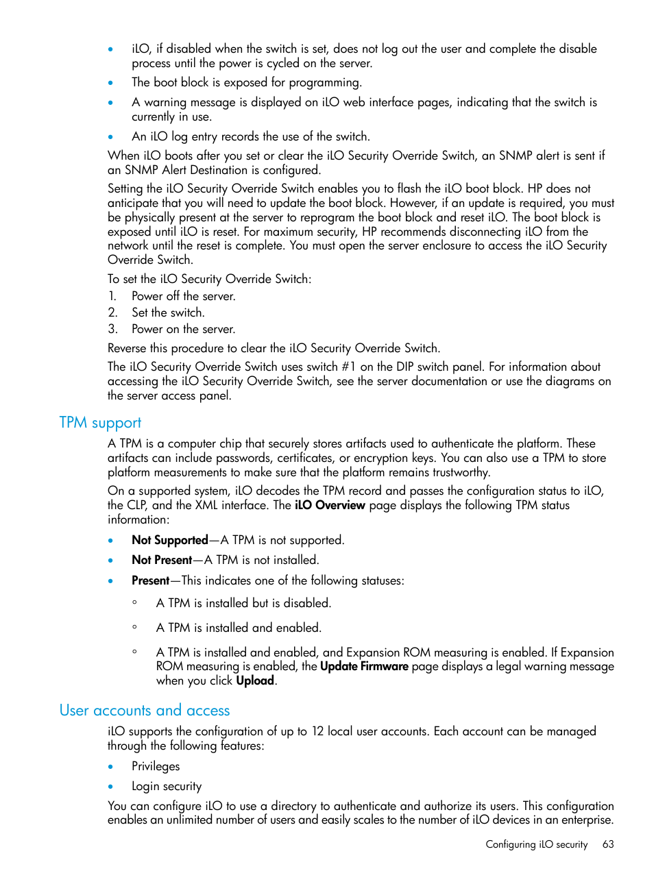 Tpm support, User accounts and access, Tpm support user accounts and access | HP Integrated Lights-Out 4 User Manual | Page 63 / 356