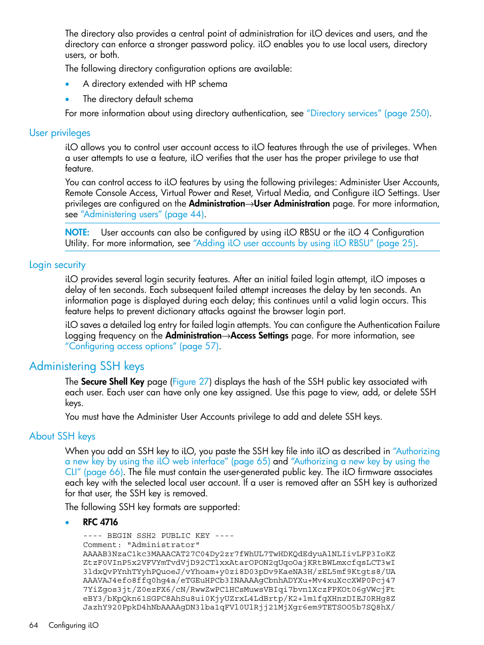 User privileges, Login security, Administering ssh keys | About ssh keys, User privileges login security | HP Integrated Lights-Out 4 User Manual | Page 64 / 356