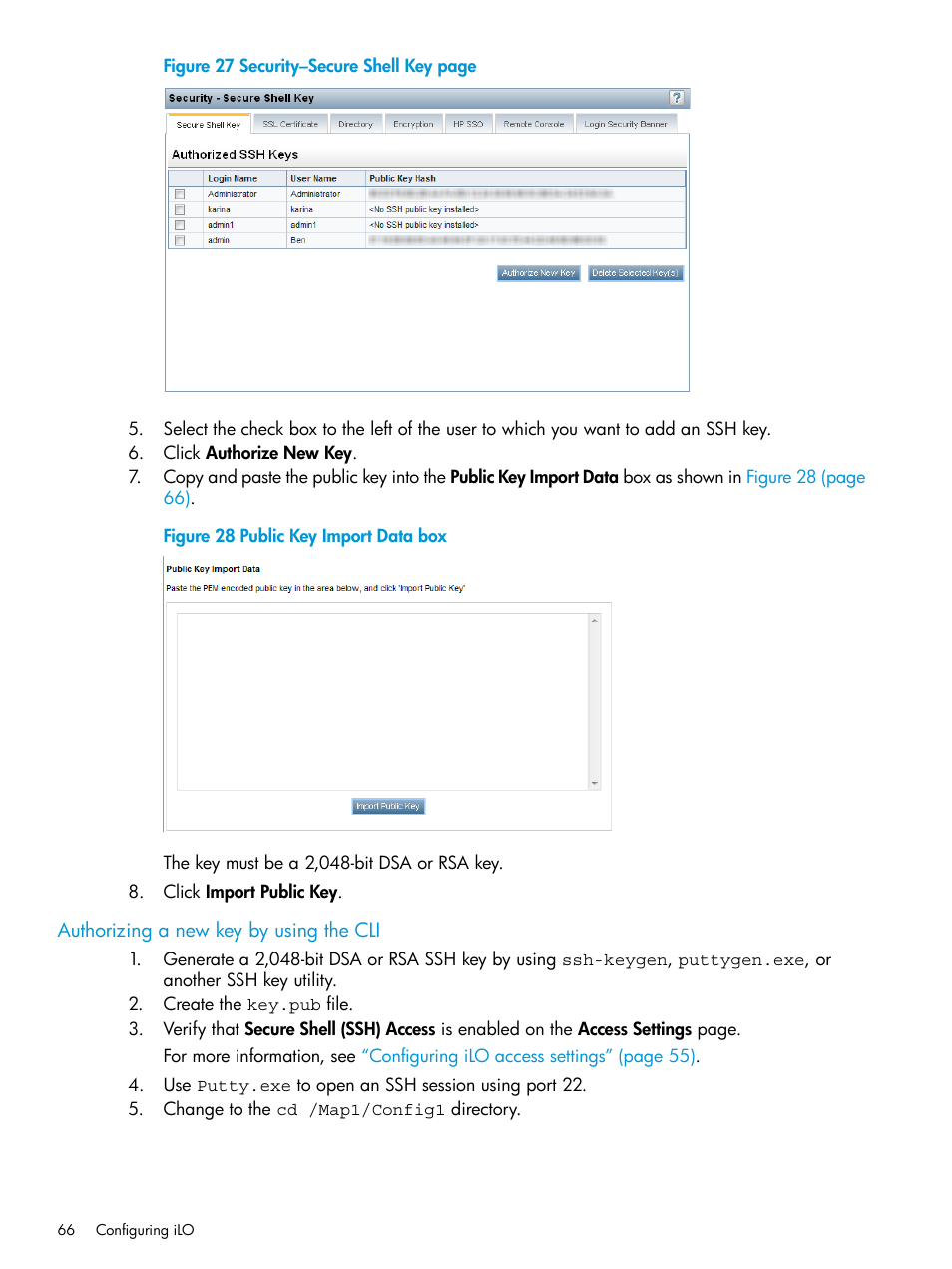 Authorizing a new key by using the cli, Figure 27, Authorizing a new key by using the | HP Integrated Lights-Out 4 User Manual | Page 66 / 356