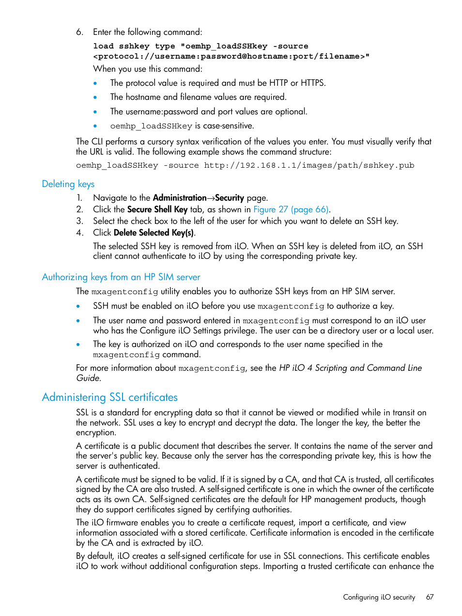 Deleting keys, Authorizing keys from an hp sim server, Administering ssl certificates | Administering ssl | HP Integrated Lights-Out 4 User Manual | Page 67 / 356