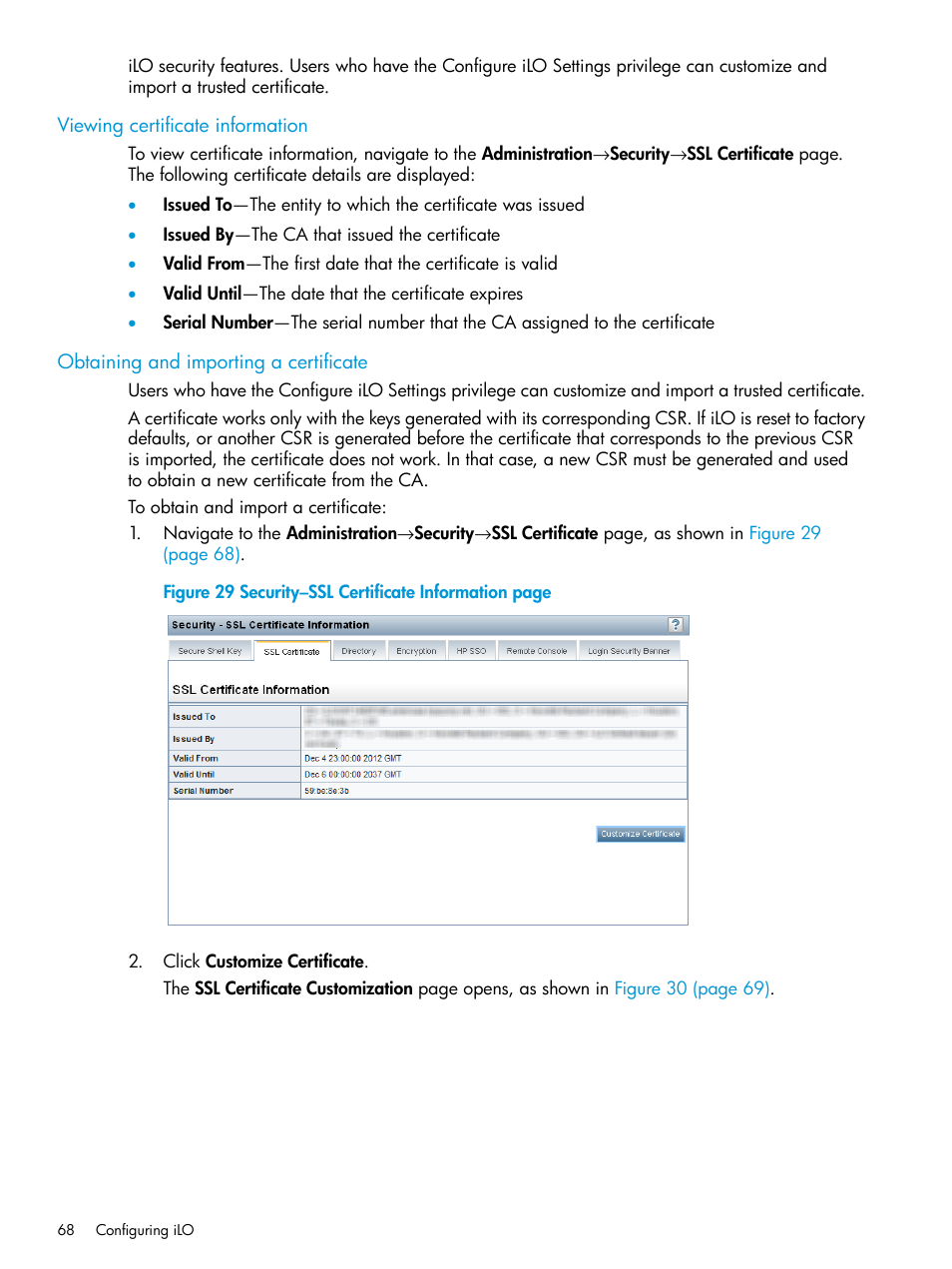 Viewing certificate information, Obtaining and importing a certificate | HP Integrated Lights-Out 4 User Manual | Page 68 / 356