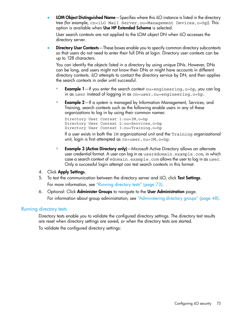Running directory tests | HP Integrated Lights-Out 4 User Manual | Page 73 / 356