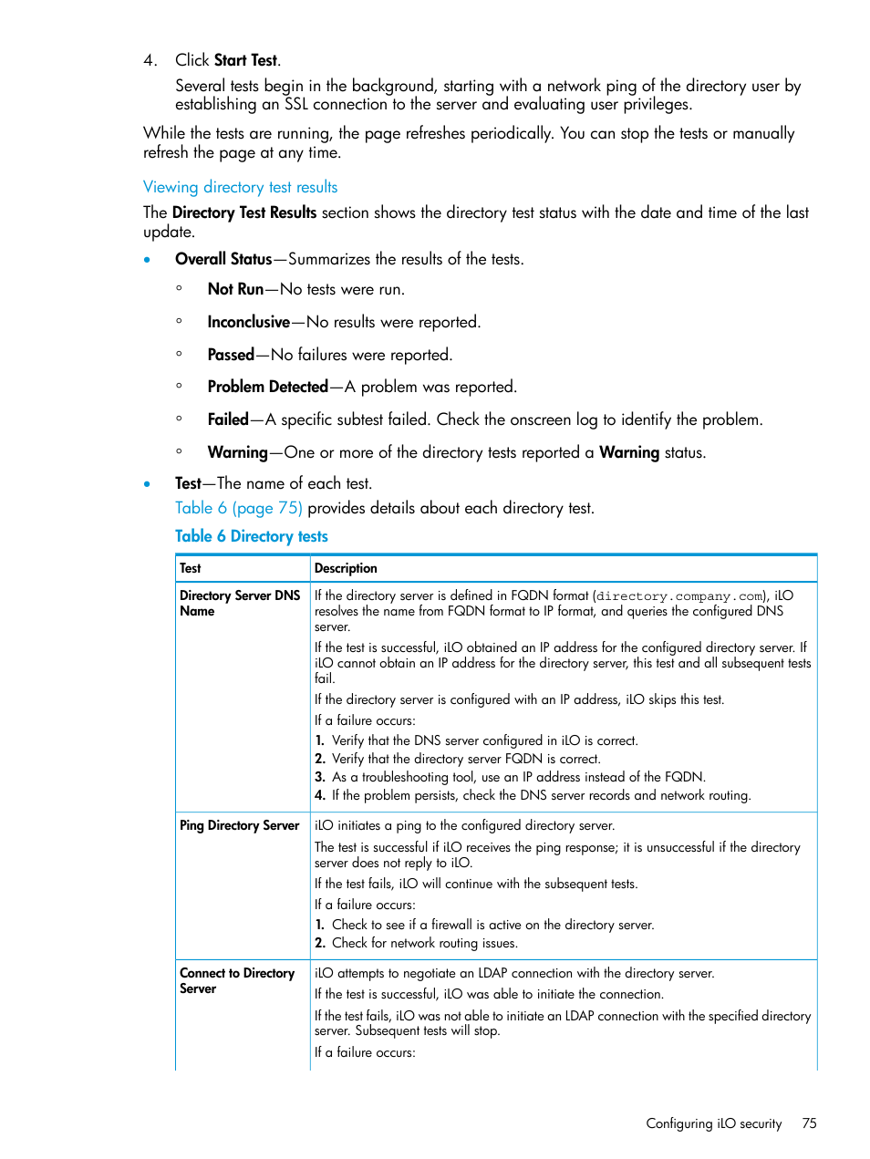 Viewing directory test results | HP Integrated Lights-Out 4 User Manual | Page 75 / 356