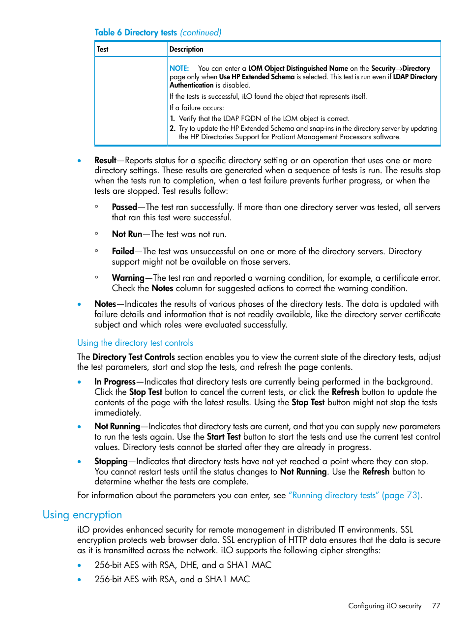 Using the directory test controls, Using encryption | HP Integrated Lights-Out 4 User Manual | Page 77 / 356
