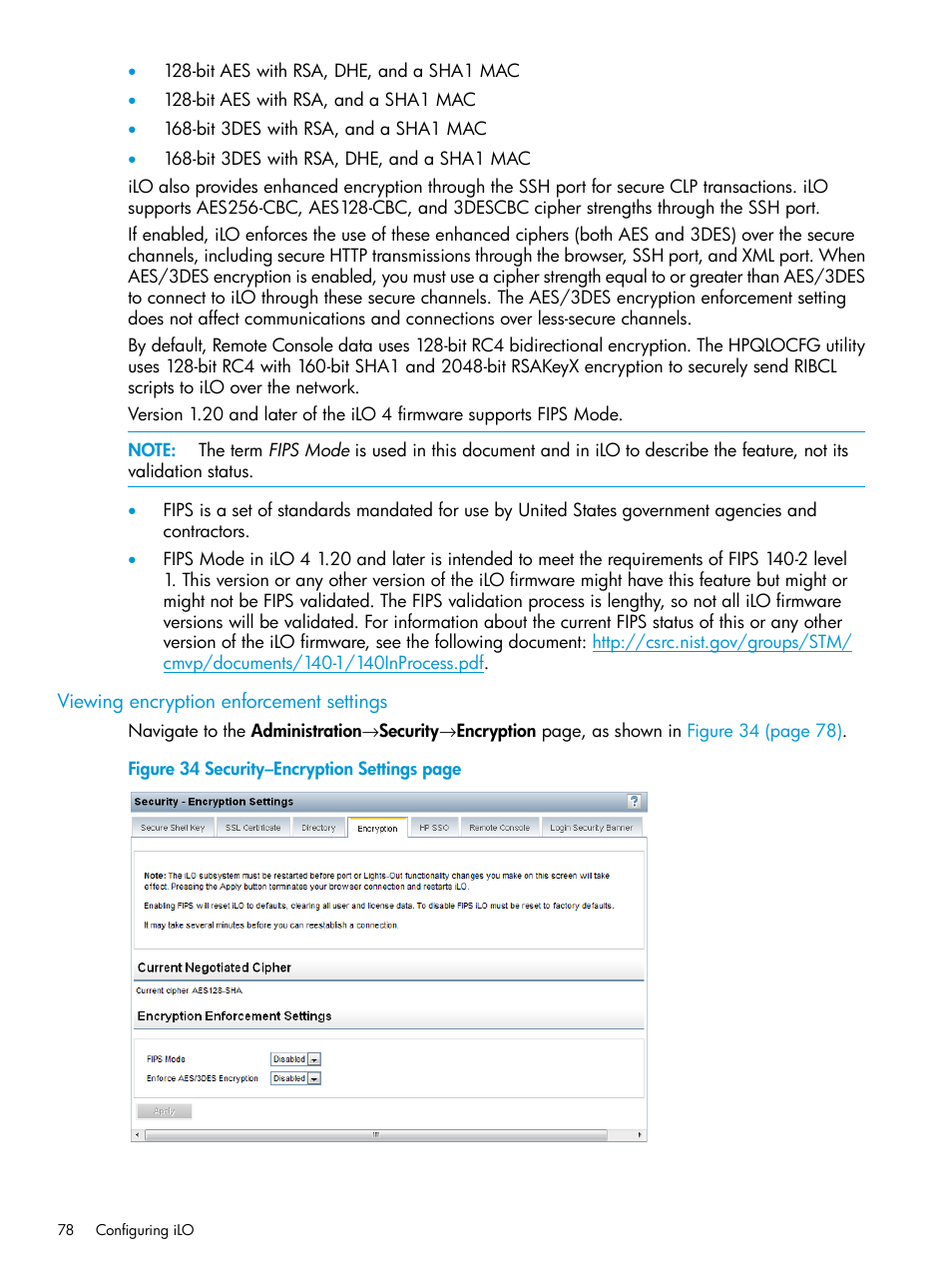 Viewing encryption enforcement settings | HP Integrated Lights-Out 4 User Manual | Page 78 / 356
