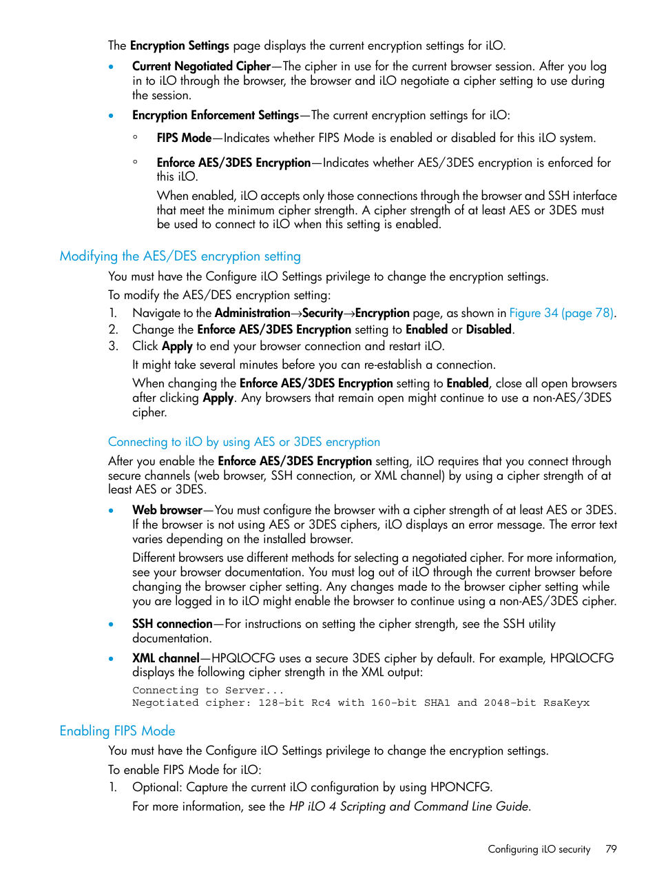 Modifying the aes/des encryption setting, Connecting to ilo by using aes or 3des encryption, Enabling fips mode | HP Integrated Lights-Out 4 User Manual | Page 79 / 356
