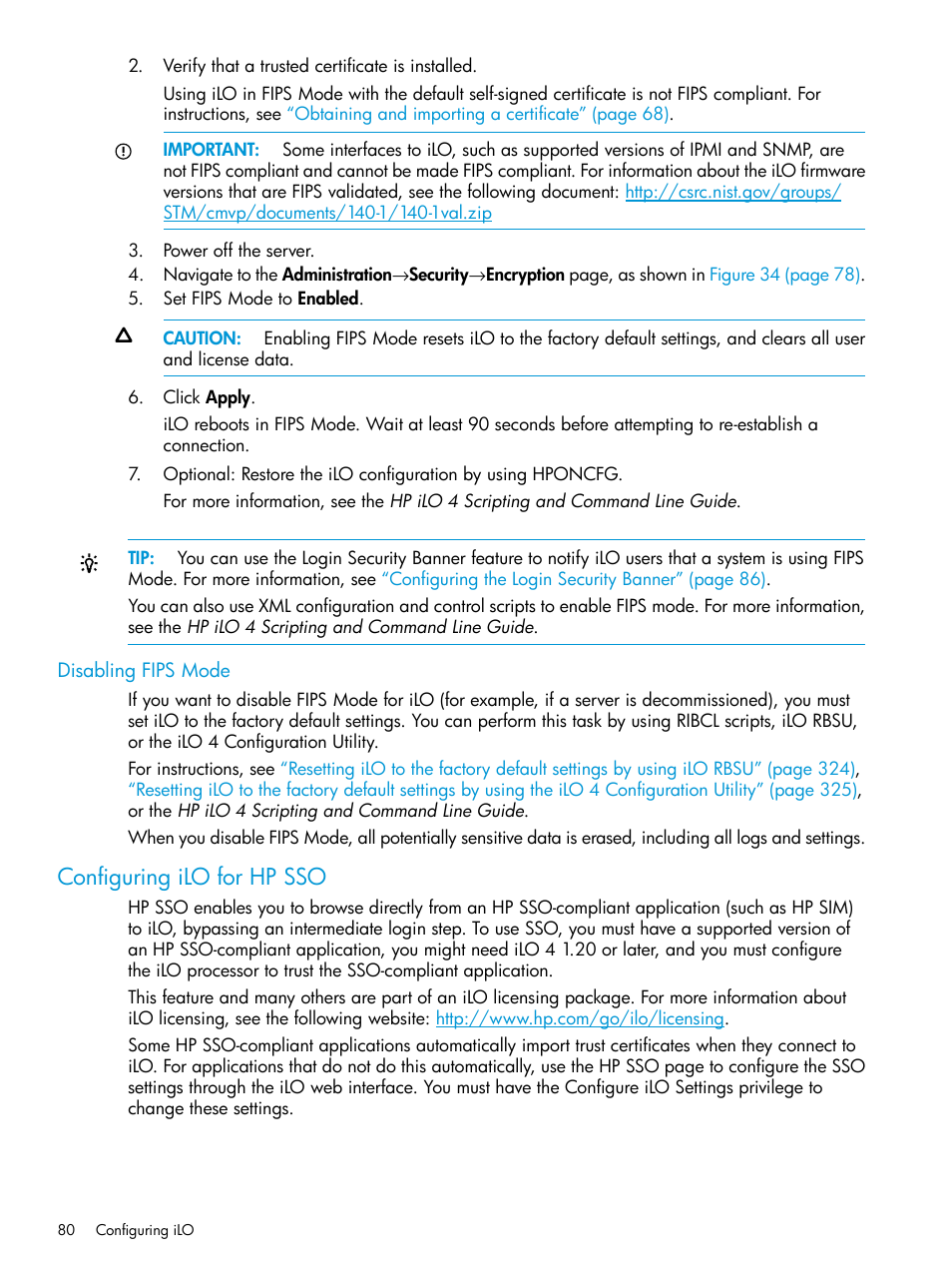 Disabling fips mode, Configuring ilo for hp sso | HP Integrated Lights-Out 4 User Manual | Page 80 / 356
