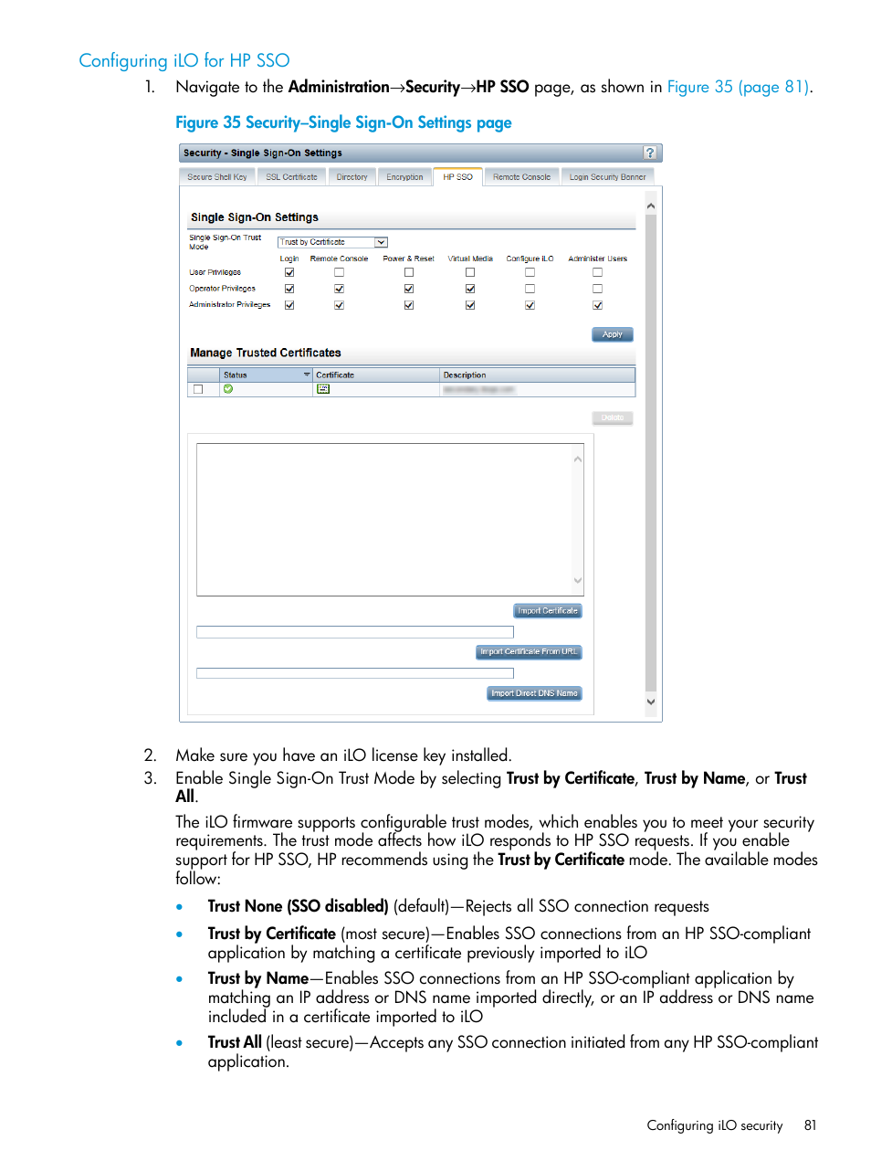 Configuring ilo for hp sso | HP Integrated Lights-Out 4 User Manual | Page 81 / 356