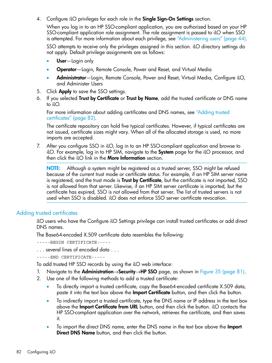 Adding trusted certificates | HP Integrated Lights-Out 4 User Manual | Page 82 / 356