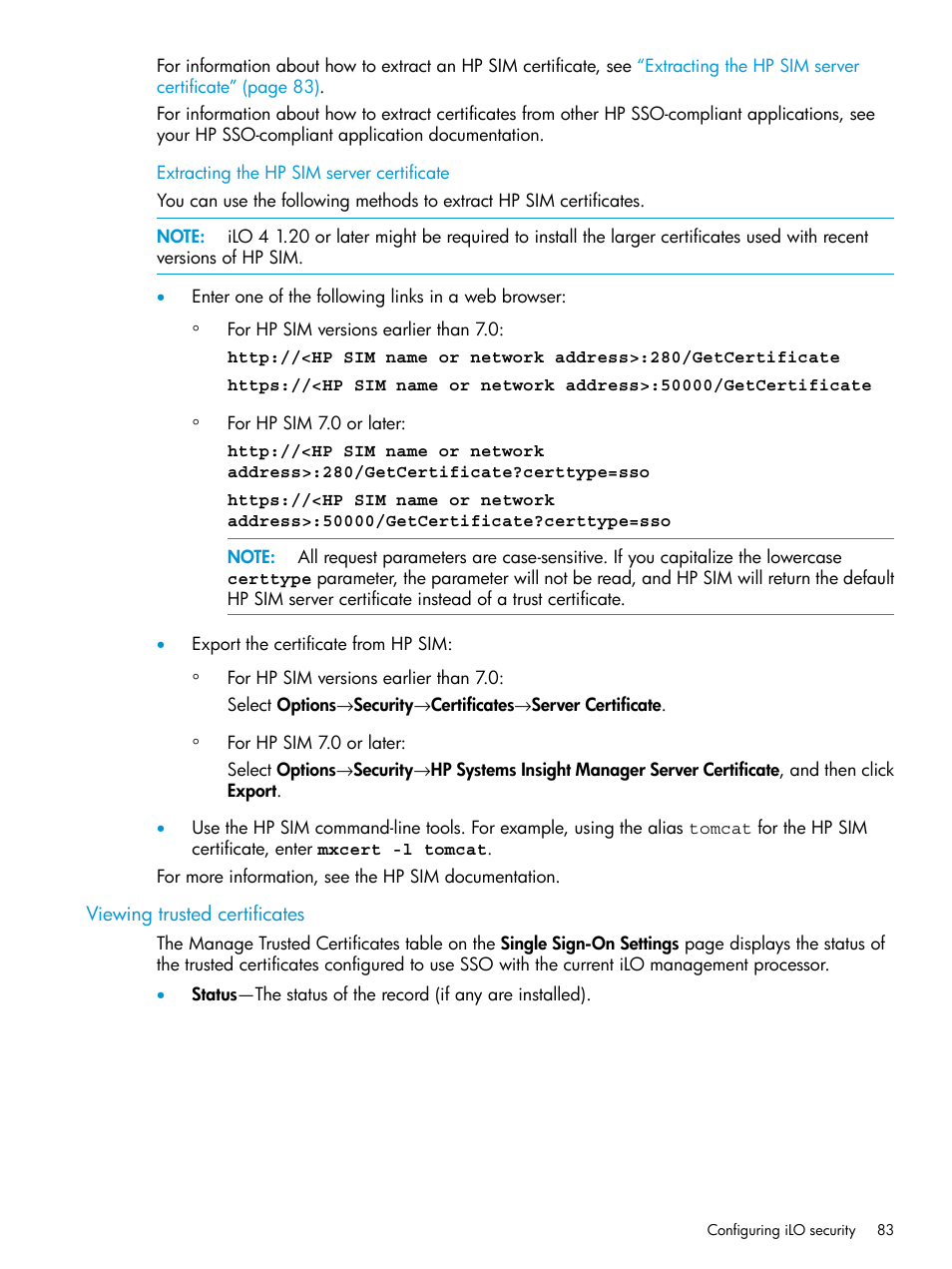 Extracting the hp sim server certificate, Viewing trusted certificates | HP Integrated Lights-Out 4 User Manual | Page 83 / 356
