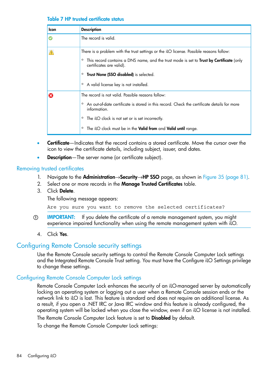 Removing trusted certificates, Configuring remote console security settings, Configuring remote console computer lock settings | HP Integrated Lights-Out 4 User Manual | Page 84 / 356